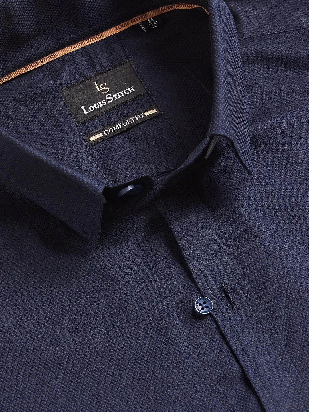 Regular Fit Formal Textured Navy Blue Shirt For Men