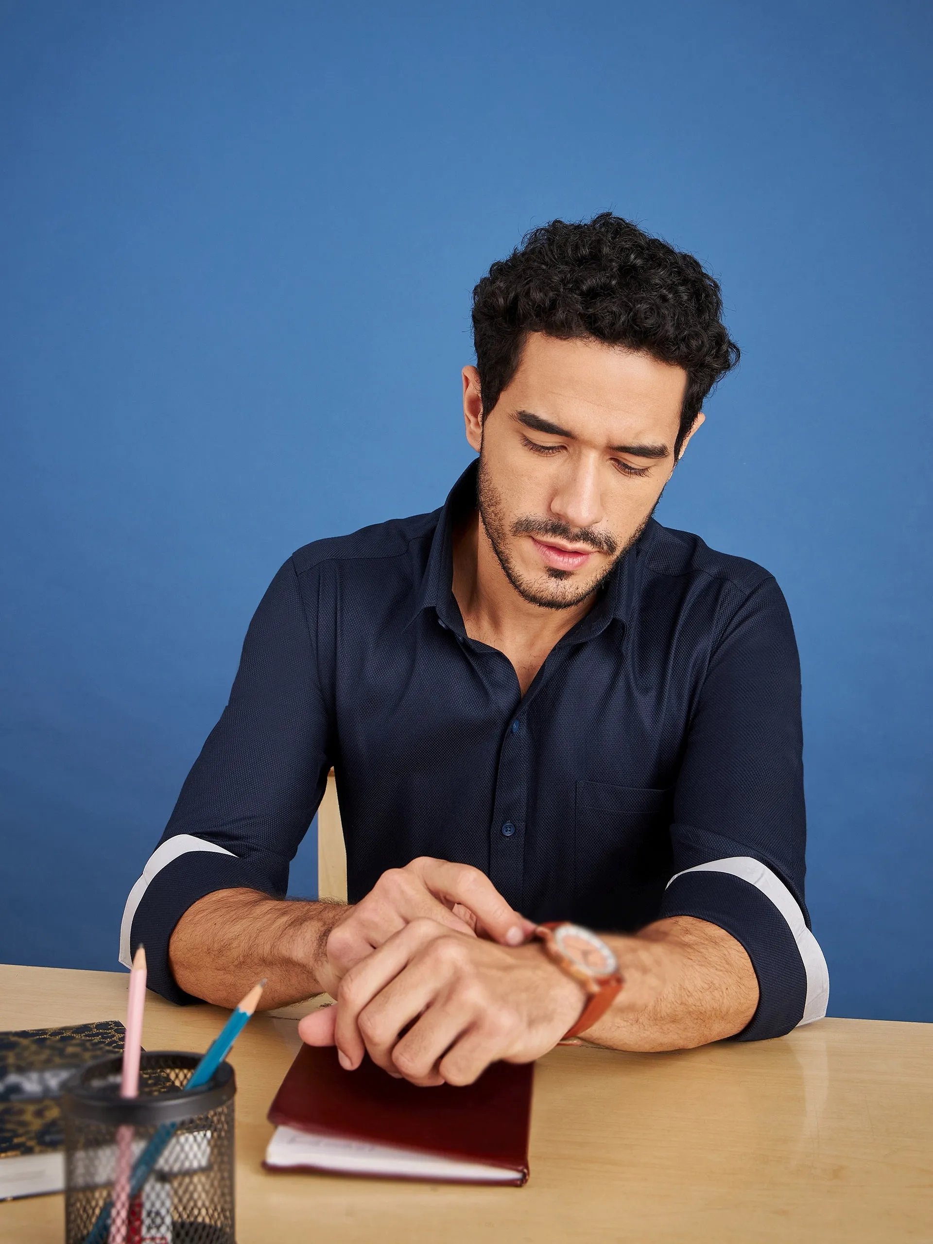 Regular Fit Formal Textured Navy Blue Shirt For Men