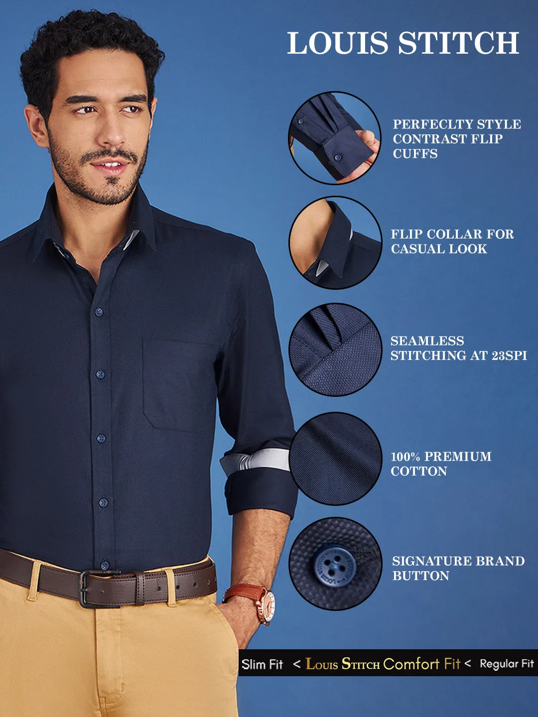 Regular Fit Formal Textured Navy Blue Shirt For Men