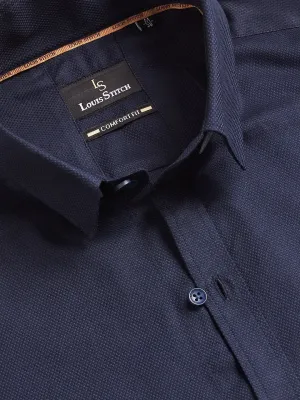 Regular Fit Formal Textured Navy Blue Shirt For Men