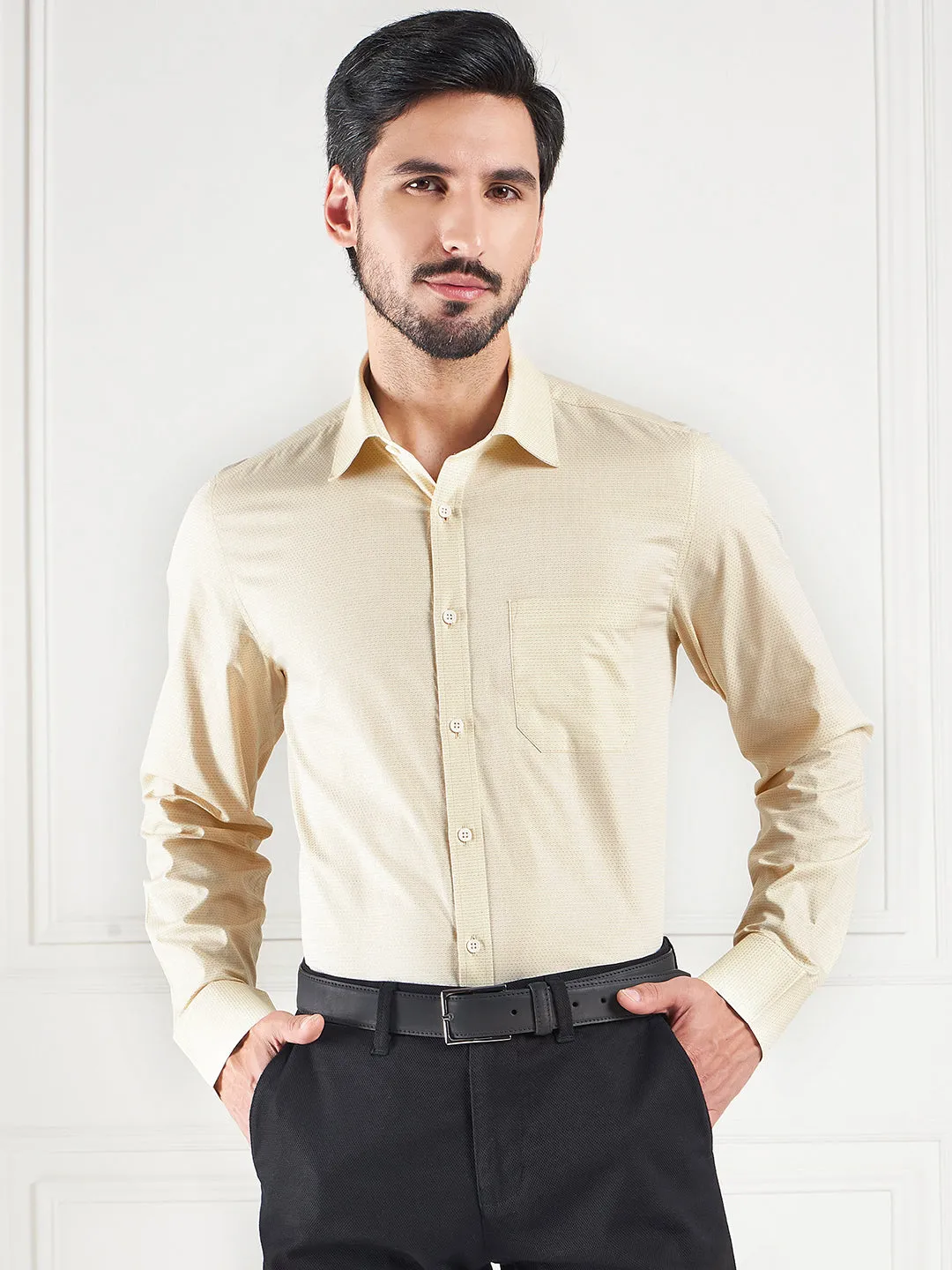 Regular Fit Geometric Yellow Shirt For Men