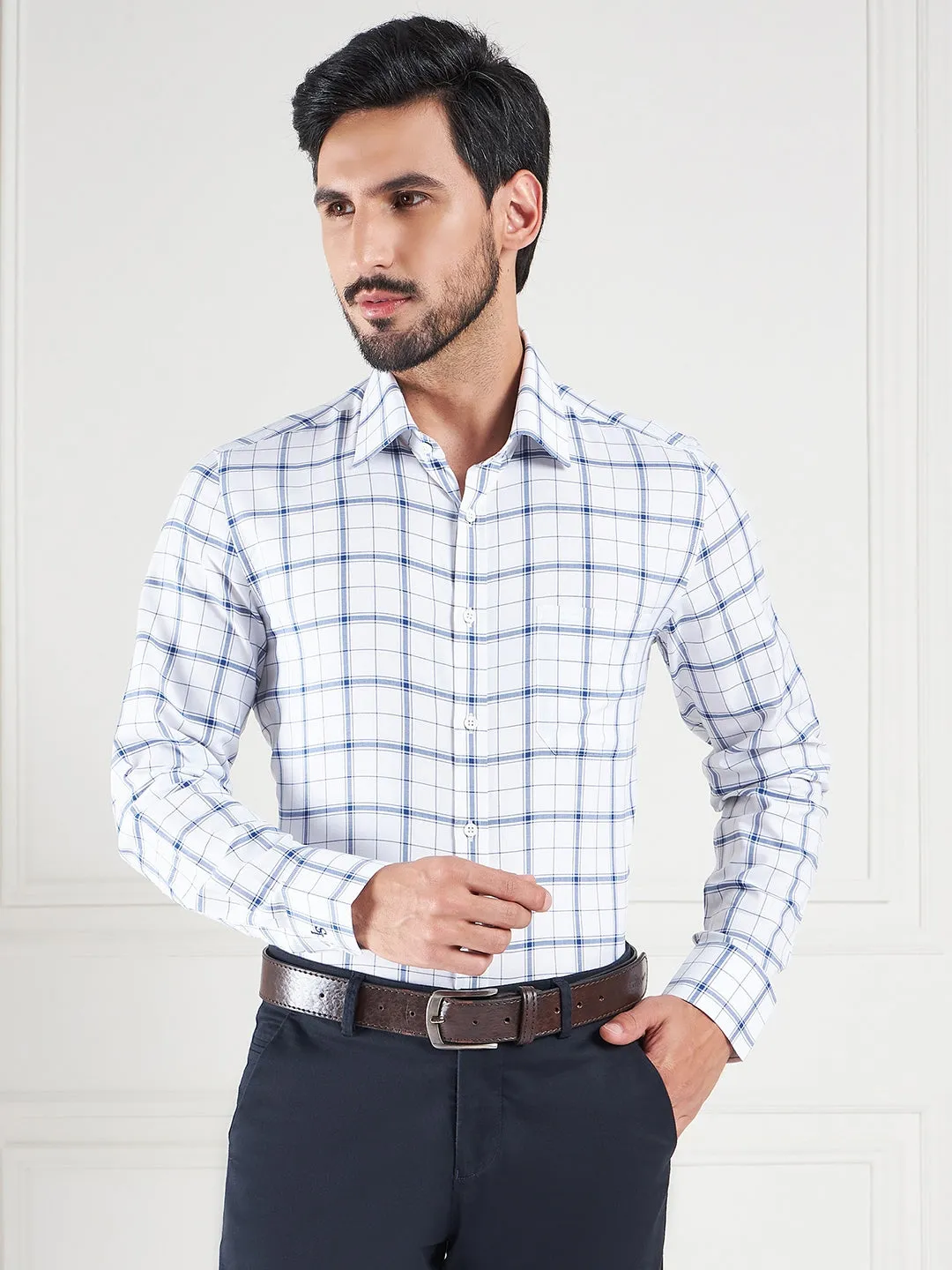 Regular Fit Gingham Checks White Shirt For Men
