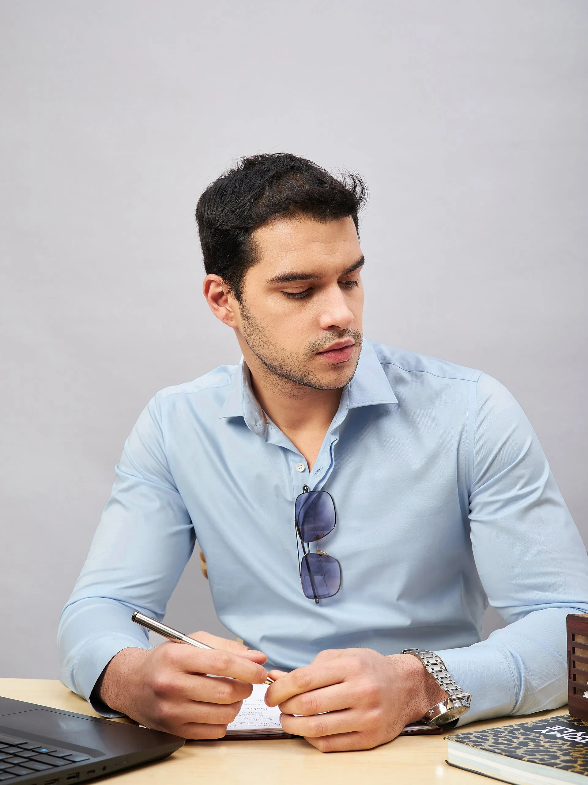 Regular Fit Semi Formal Solid Blue Shirt For Men