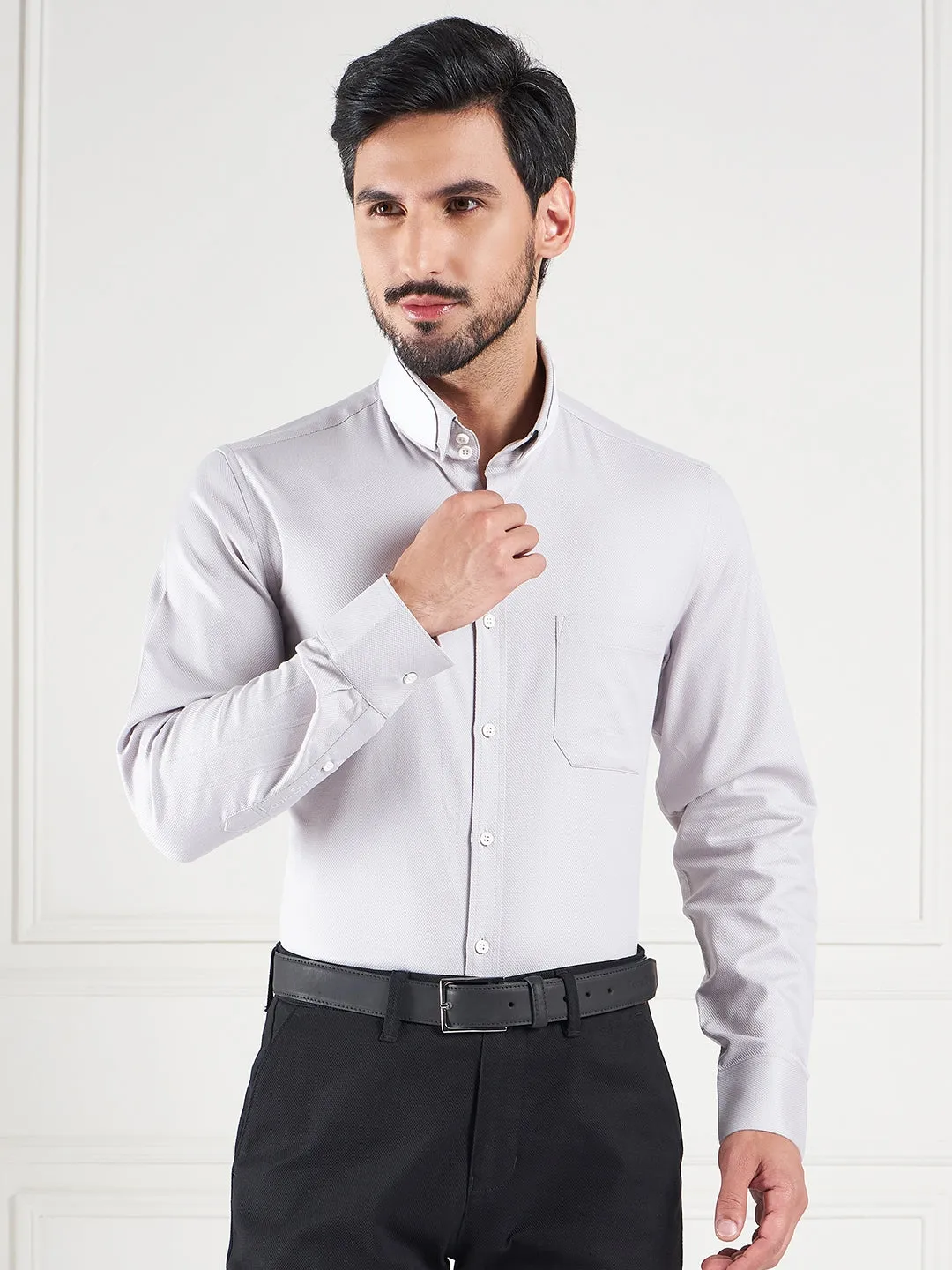 Regular Fit Textured Grey Shirt For Men
