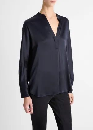 Silk Satin Band-Collar Blouse