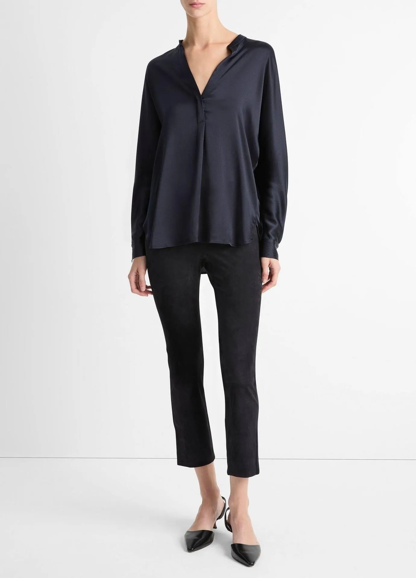 Silk Satin Band-Collar Blouse