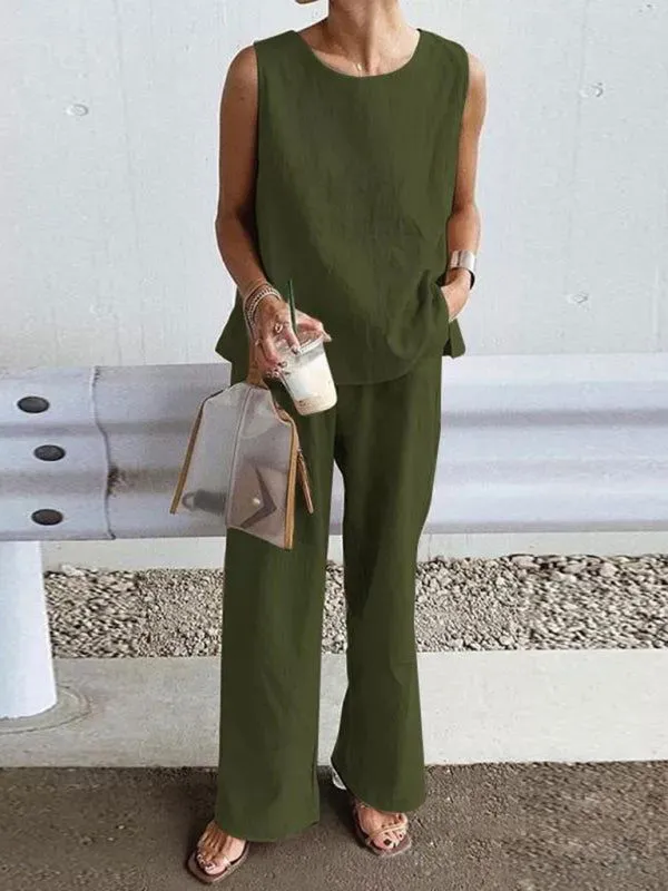Soft Airy 100% Cotton Sleeveless Top & Pants Suits