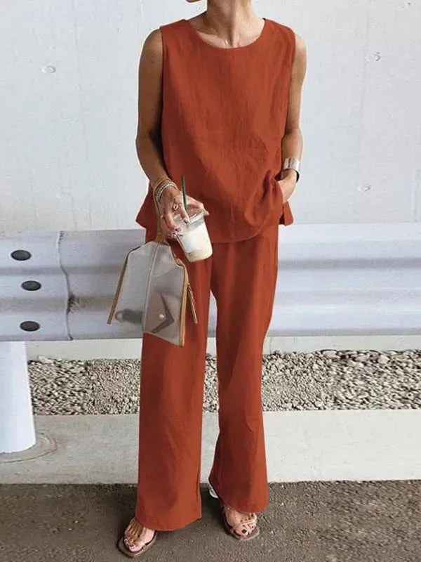 Soft Airy 100% Cotton Sleeveless Top & Pants Suits