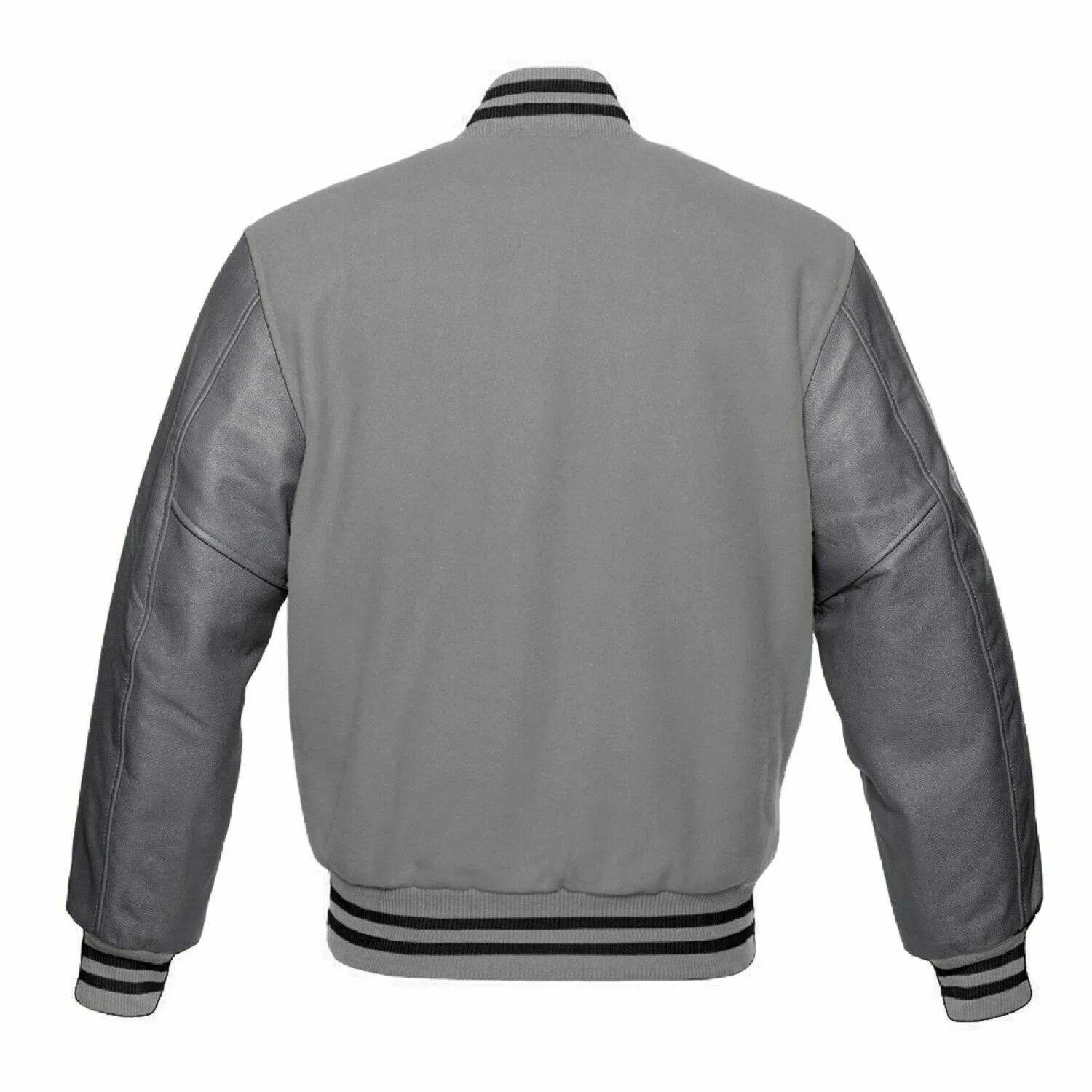 Spine Spark Full Gray Wool Varsity Leather Jacket Black Rib