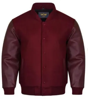 Spine Spark Maroon Wool Varsity Jacket Maroon Leather Sleeves