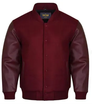 Spine Spark Maroon Wool Varsity Jacket Maroon Leather Sleeves