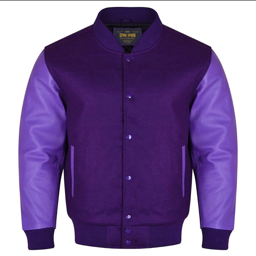 Spine Spark Purple Wool Varsity Baseball Jacket Leather Sleeves