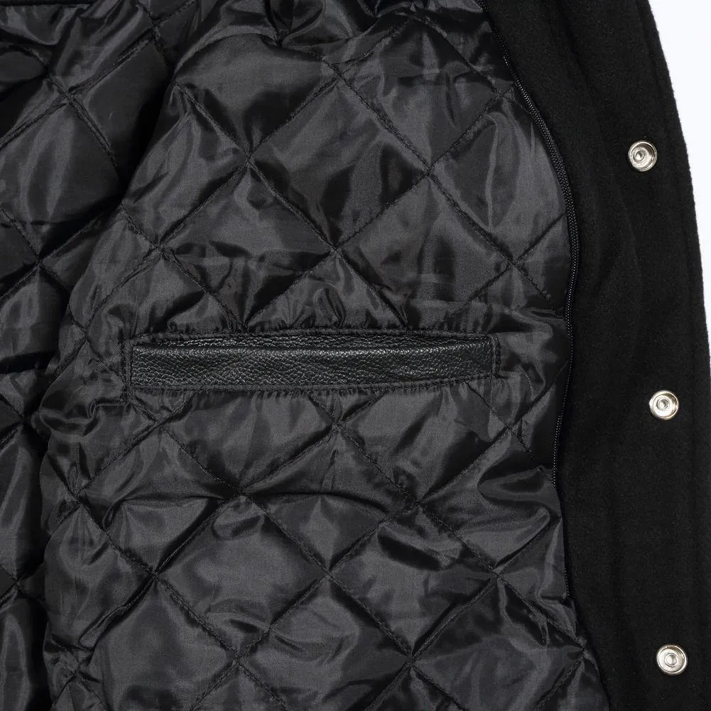 Spine Spark Red Wool Varsity Jacket Black Leather Sleeves