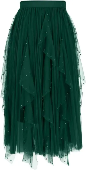 Tulle Skirts for Women Solid Color Flowy Midi Skirt Irregular Hem Mesh Layered High Elastic Waist A-line Swing Skirts