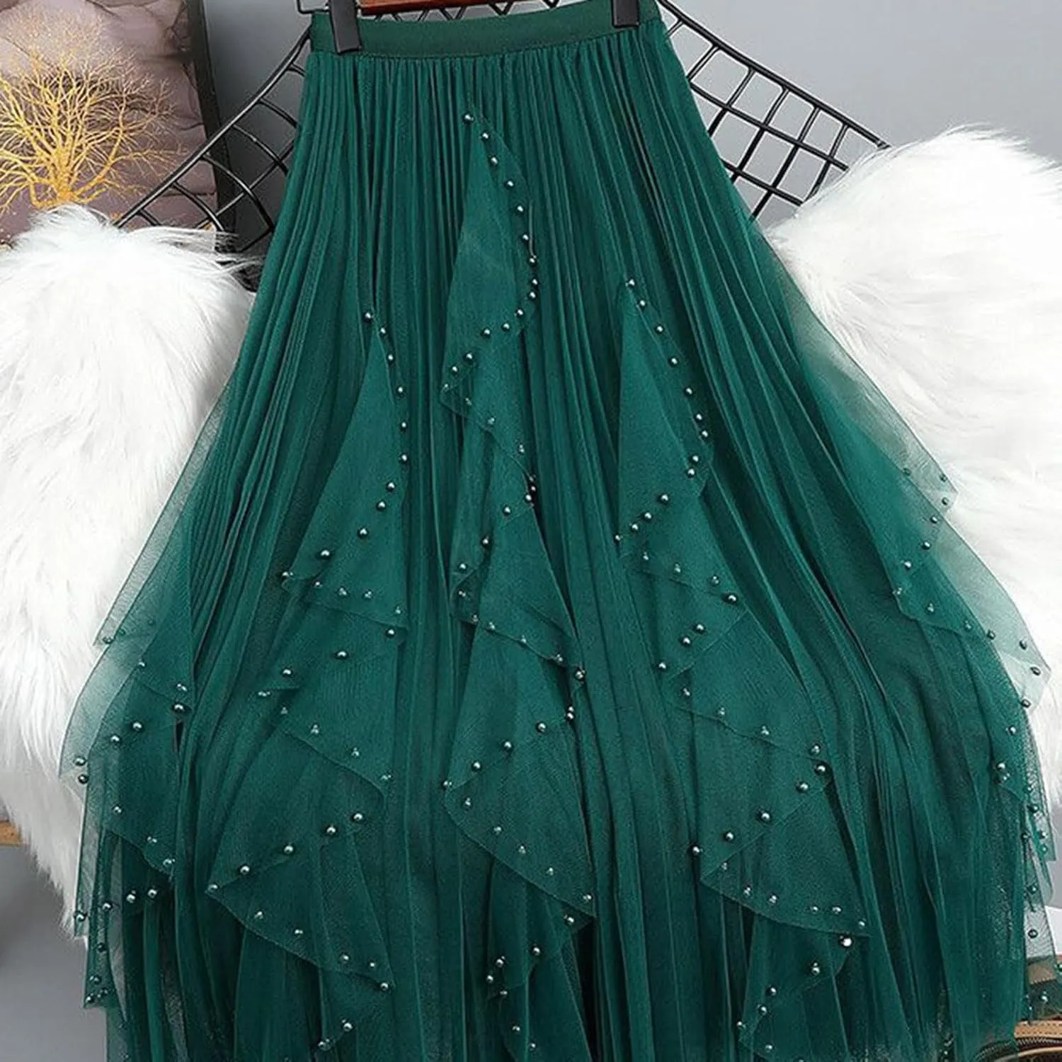 Tulle Skirts for Women Solid Color Flowy Midi Skirt Irregular Hem Mesh Layered High Elastic Waist A-line Swing Skirts