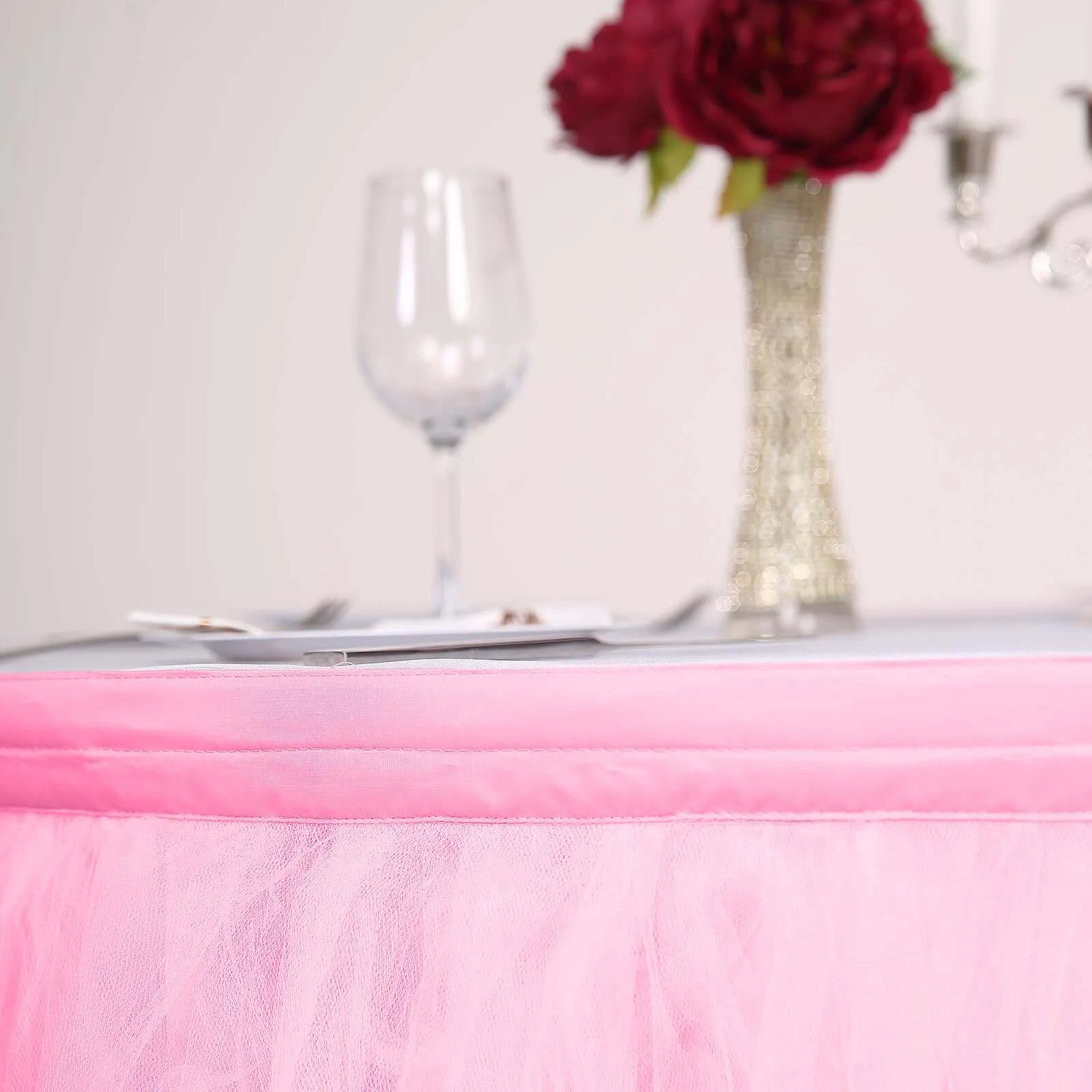 Tulle Table Skirt 21ft Pink/Rose Quartz - 4 Layer Pleated Tutu Table Cover