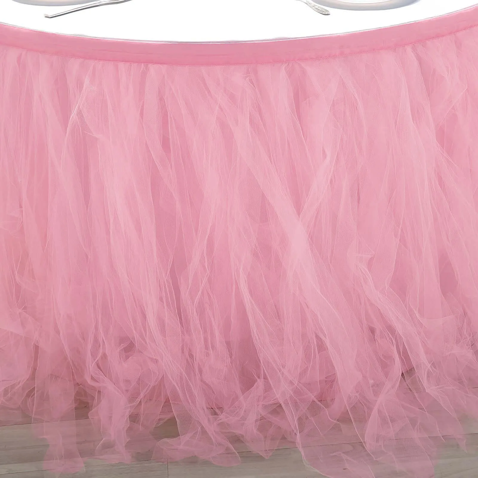 Tulle Table Skirt 21ft Pink/Rose Quartz - 4 Layer Pleated Tutu Table Cover