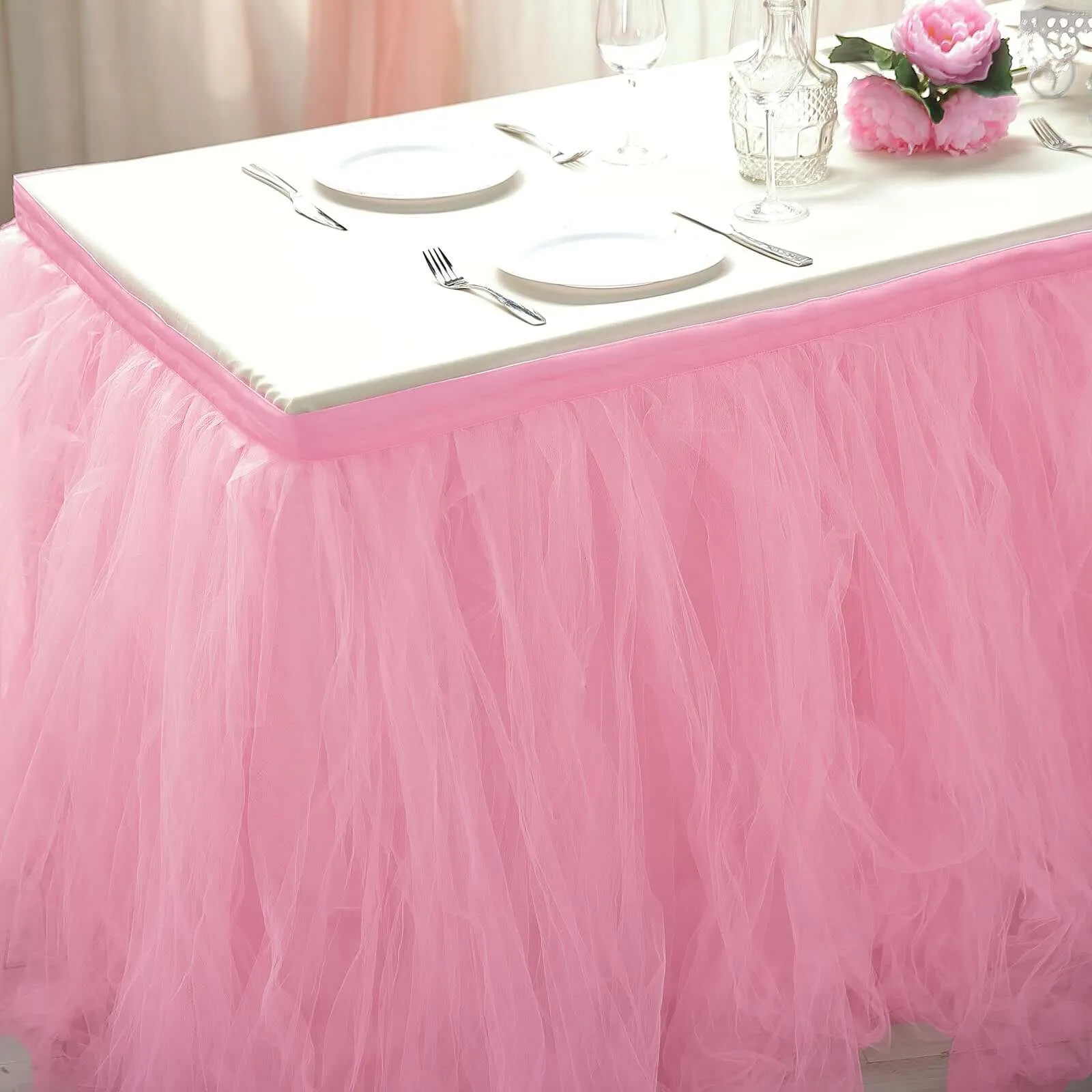 Tulle Table Skirt 21ft Pink/Rose Quartz - 4 Layer Pleated Tutu Table Cover