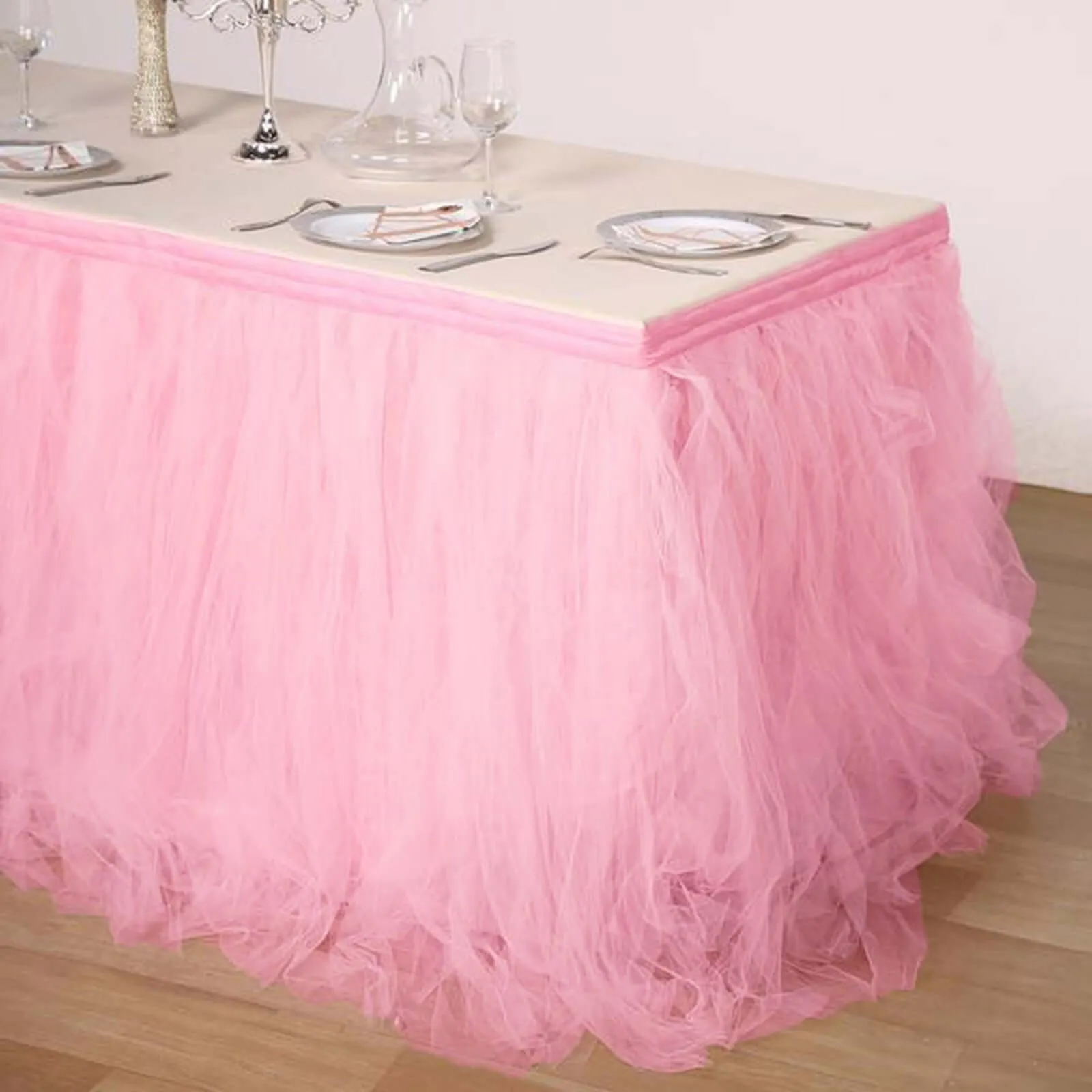 Tulle Table Skirt 21ft Pink/Rose Quartz - 4 Layer Pleated Tutu Table Cover