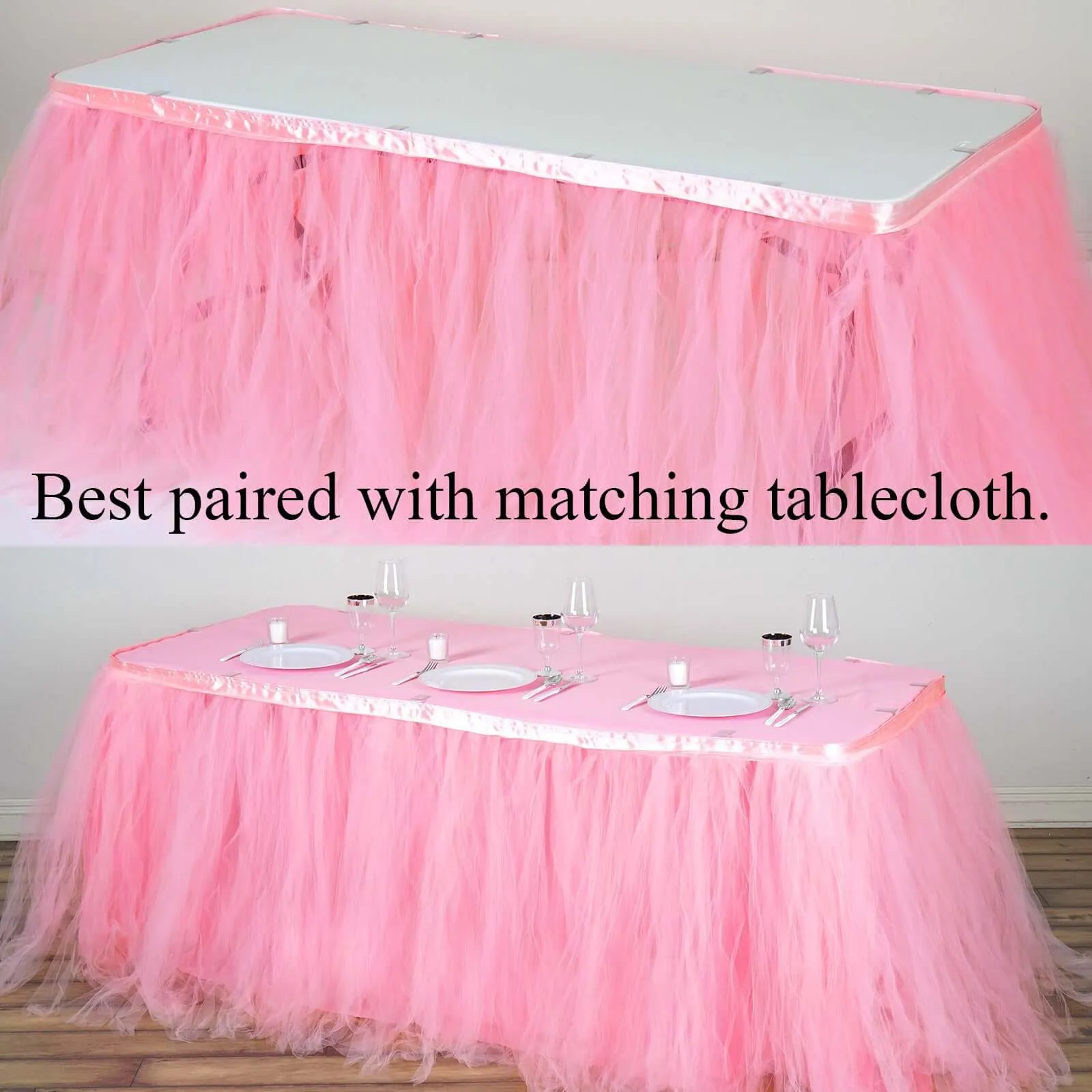Tulle Table Skirt 21ft Pink/Rose Quartz - 4 Layer Pleated Tutu Table Cover
