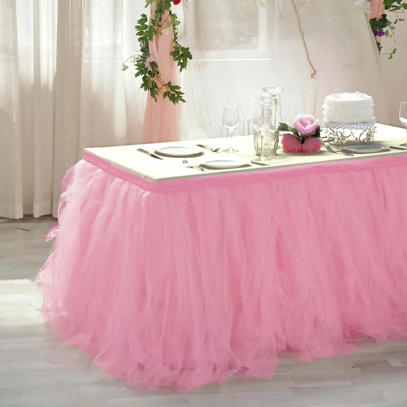 Tulle Table Skirt 21ft Pink/Rose Quartz - 4 Layer Pleated Tutu Table Cover