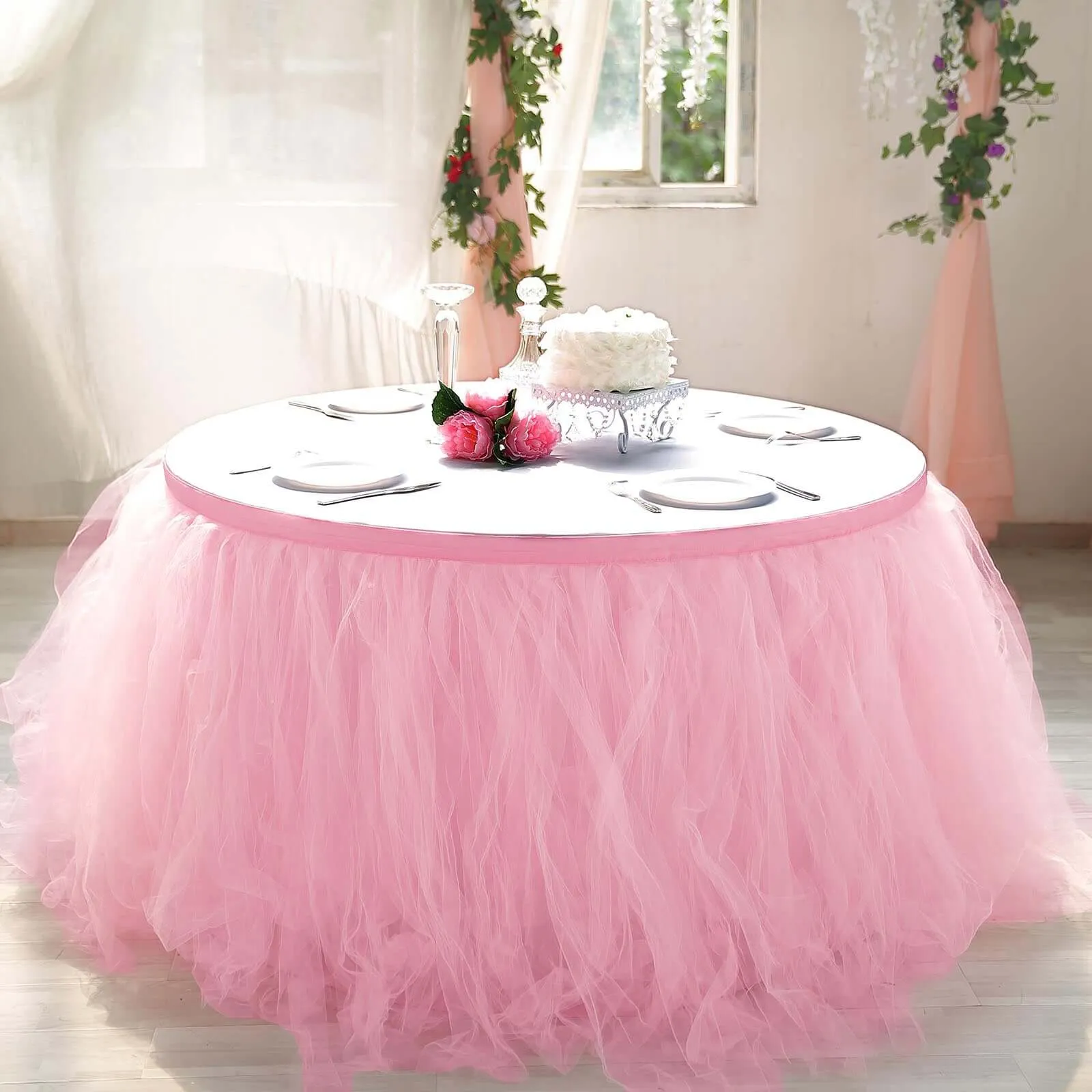 Tulle Table Skirt 21ft Pink/Rose Quartz - 4 Layer Pleated Tutu Table Cover