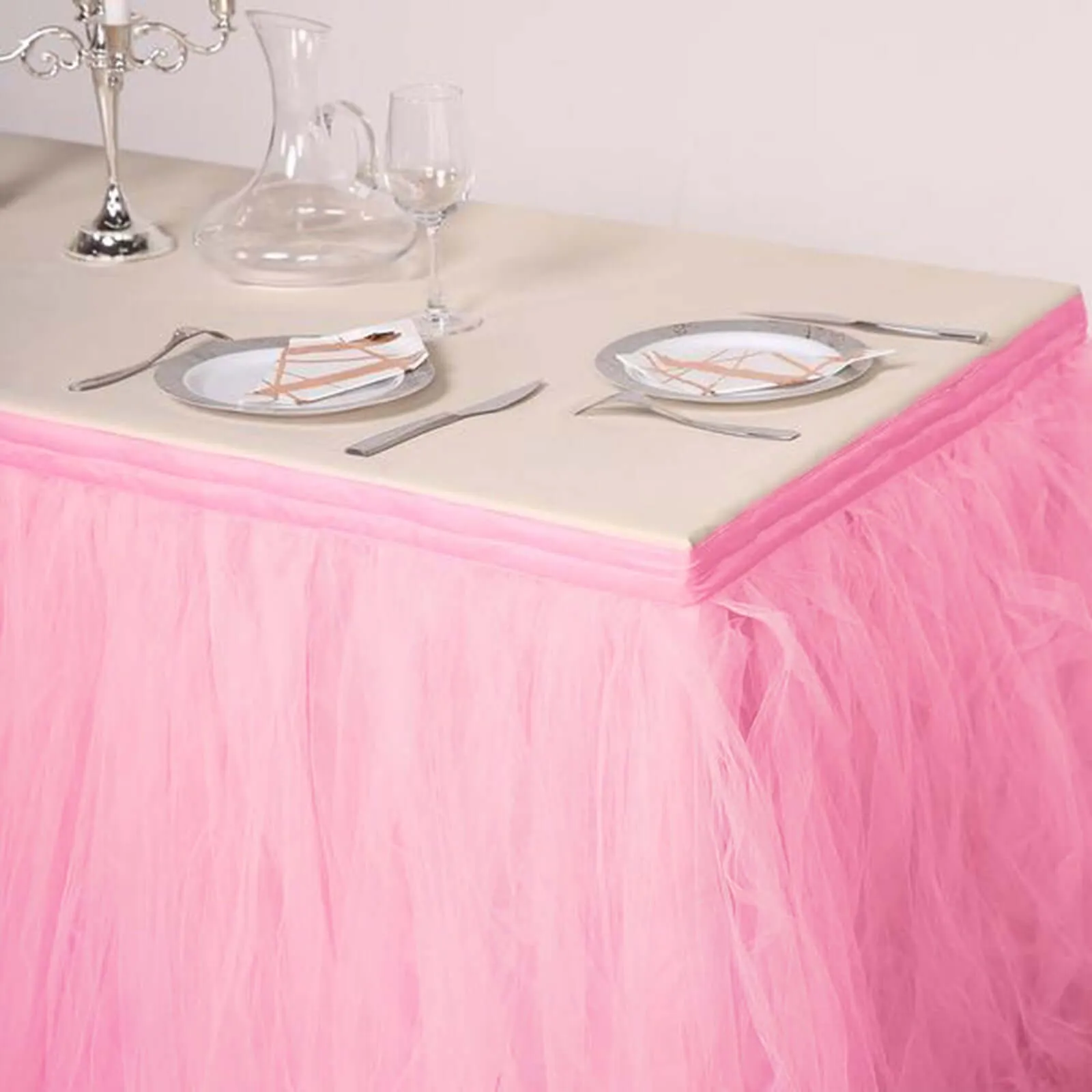 Tulle Table Skirt 21ft Pink/Rose Quartz - 4 Layer Pleated Tutu Table Cover