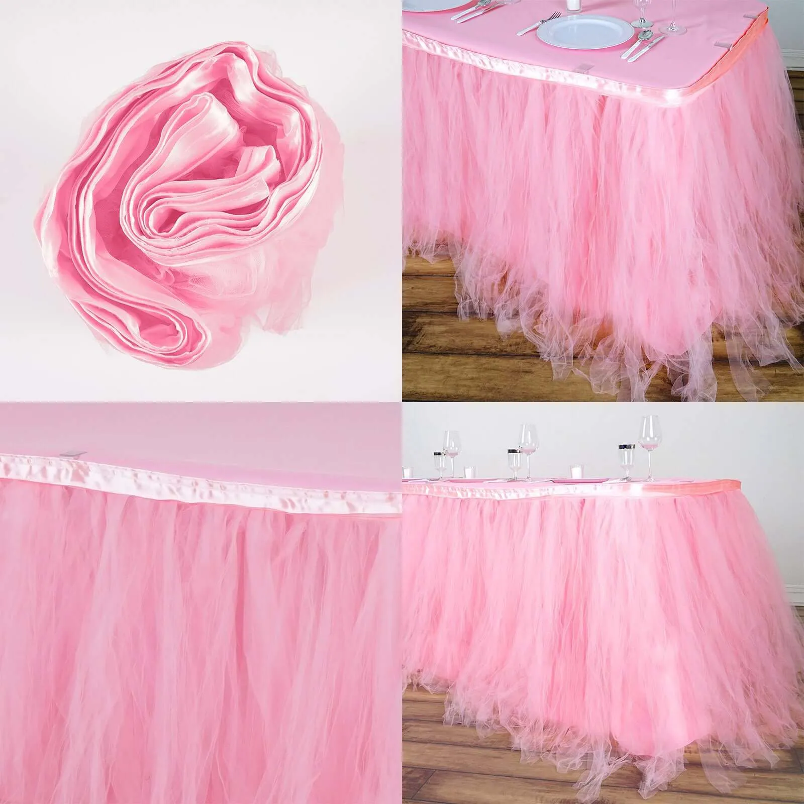 Tulle Table Skirt 21ft Pink/Rose Quartz - 4 Layer Pleated Tutu Table Cover