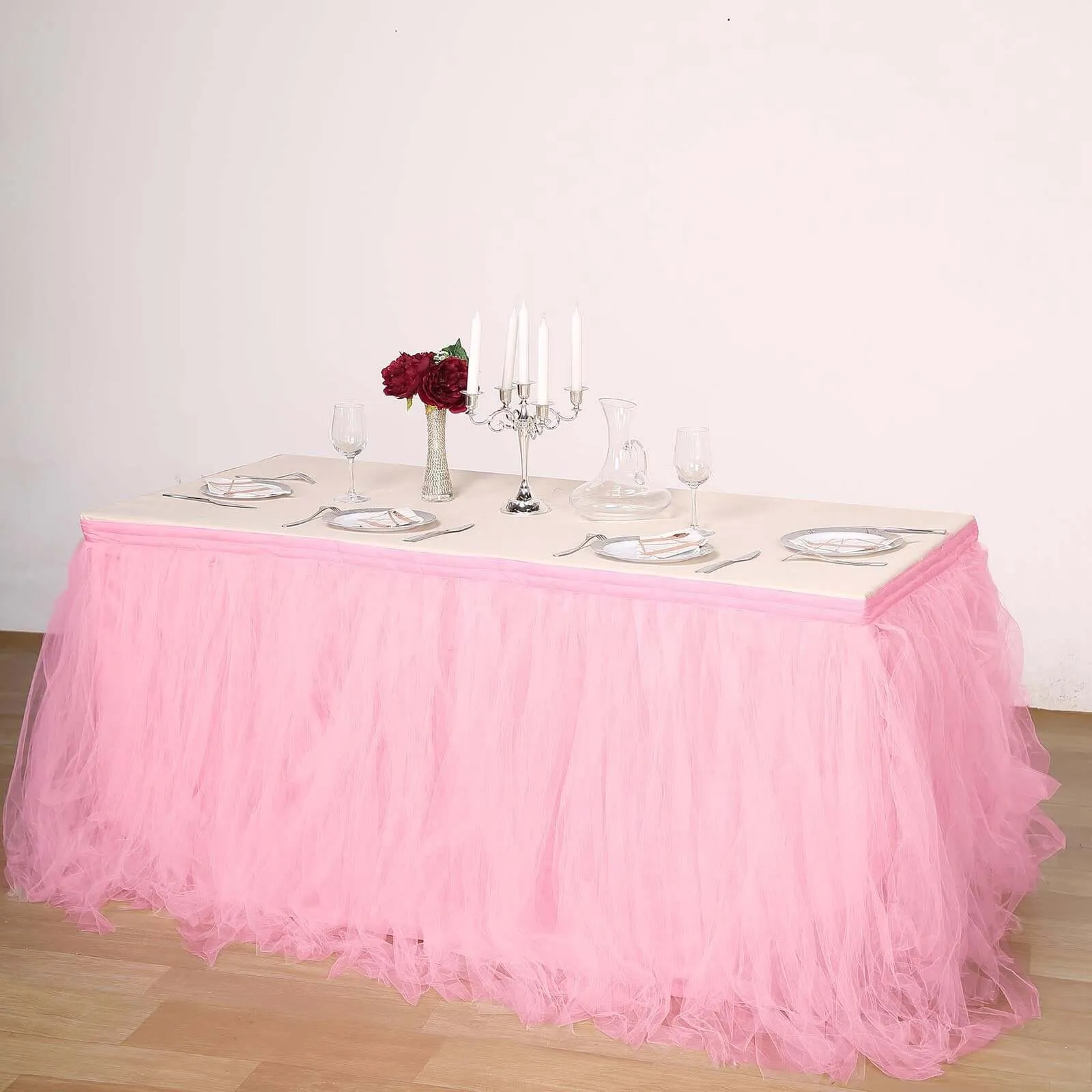 Tulle Table Skirt 21ft Pink/Rose Quartz - 4 Layer Pleated Tutu Table Cover