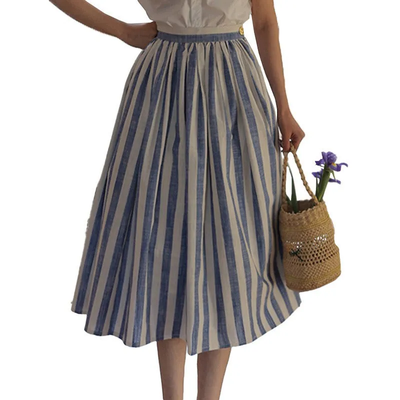 Vintage Summer Elegant Blue Striped A Line Big Flare Holiday Skirt
