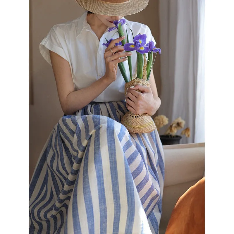 Vintage Summer Elegant Blue Striped A Line Big Flare Holiday Skirt
