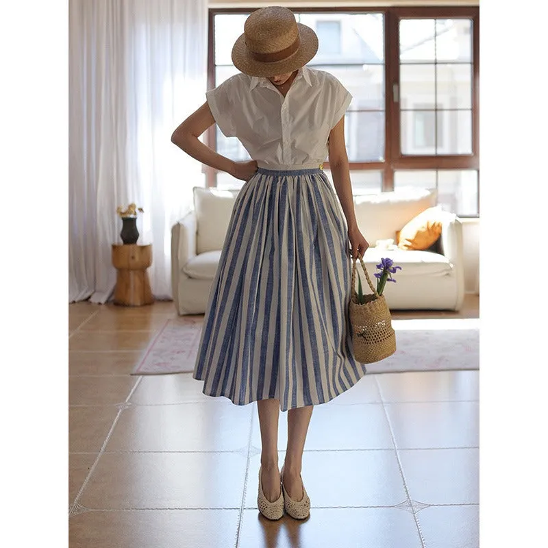 Vintage Summer Elegant Blue Striped A Line Big Flare Holiday Skirt