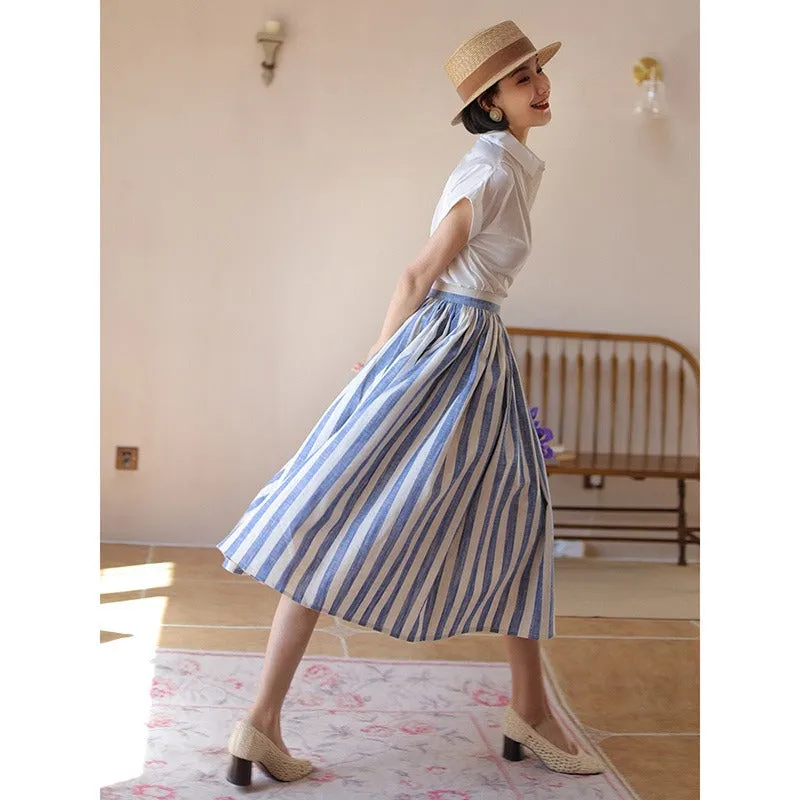Vintage Summer Elegant Blue Striped A Line Big Flare Holiday Skirt
