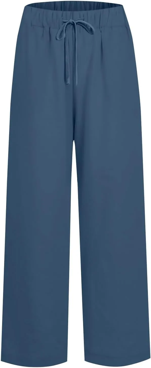 Wide Leg Pants for Women Linen Cotton Summer Flowy High Waisted Drawstring Yoga Pants Baggy Trousers with Pockets