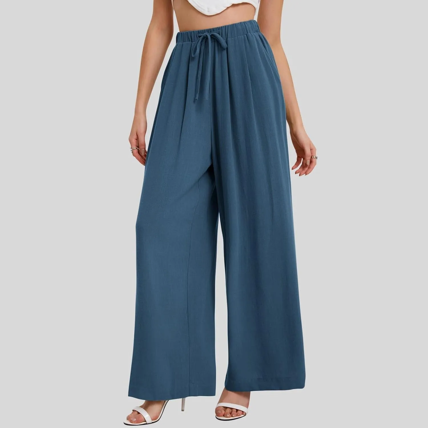 Wide Leg Pants for Women Linen Cotton Summer Flowy High Waisted Drawstring Yoga Pants Baggy Trousers with Pockets