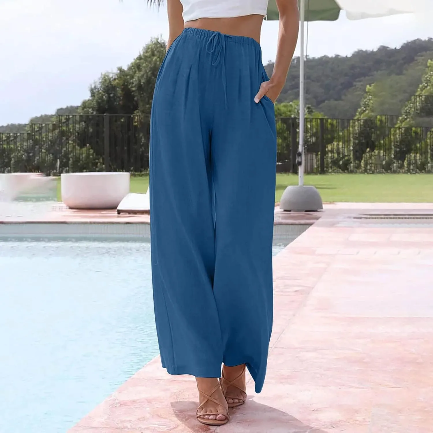 Women Casual Linen Pants Wide Leg Casual Palazzo Pants Cotton Linen Lounge Beach Summer Pants with Pockets