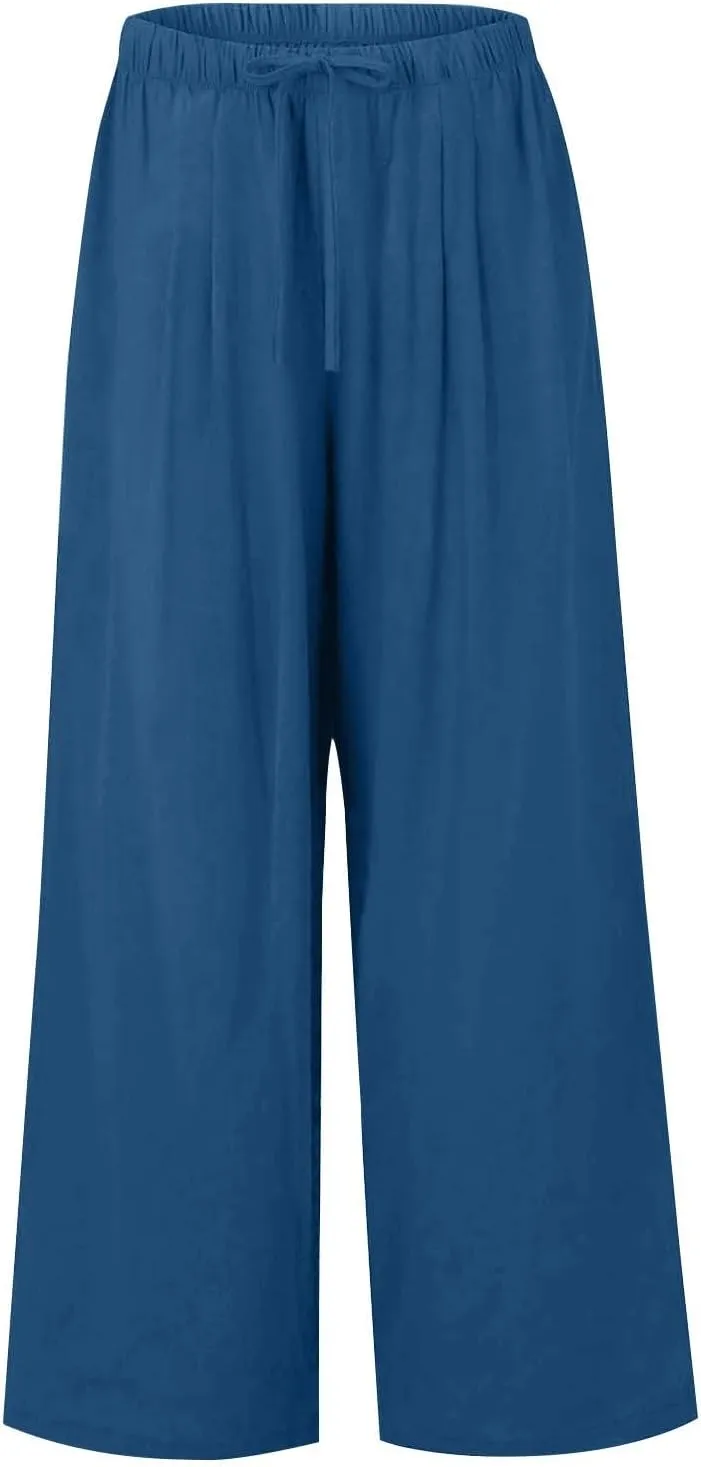Women Casual Linen Pants Wide Leg Casual Palazzo Pants Cotton Linen Lounge Beach Summer Pants with Pockets