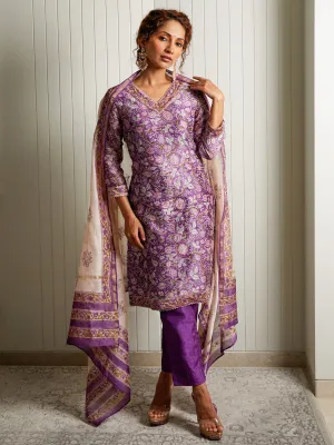 Women Chanderi Printed Vneck Regular Fit Suit Set Purple