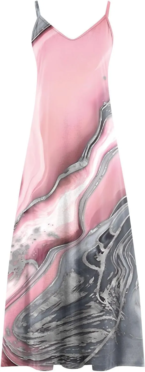Women Plus Size Sling Dress Summer Boho Printed V Neck Sexy Casual Long Maxi Dress Loose Flowy Swing Dresses