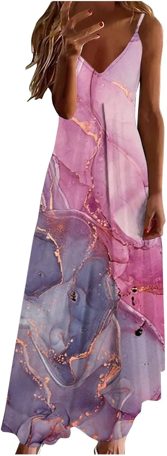 Women Plus Size Sling Dress Summer Boho Printed V Neck Sexy Casual Long Maxi Dress Loose Flowy Swing Dresses