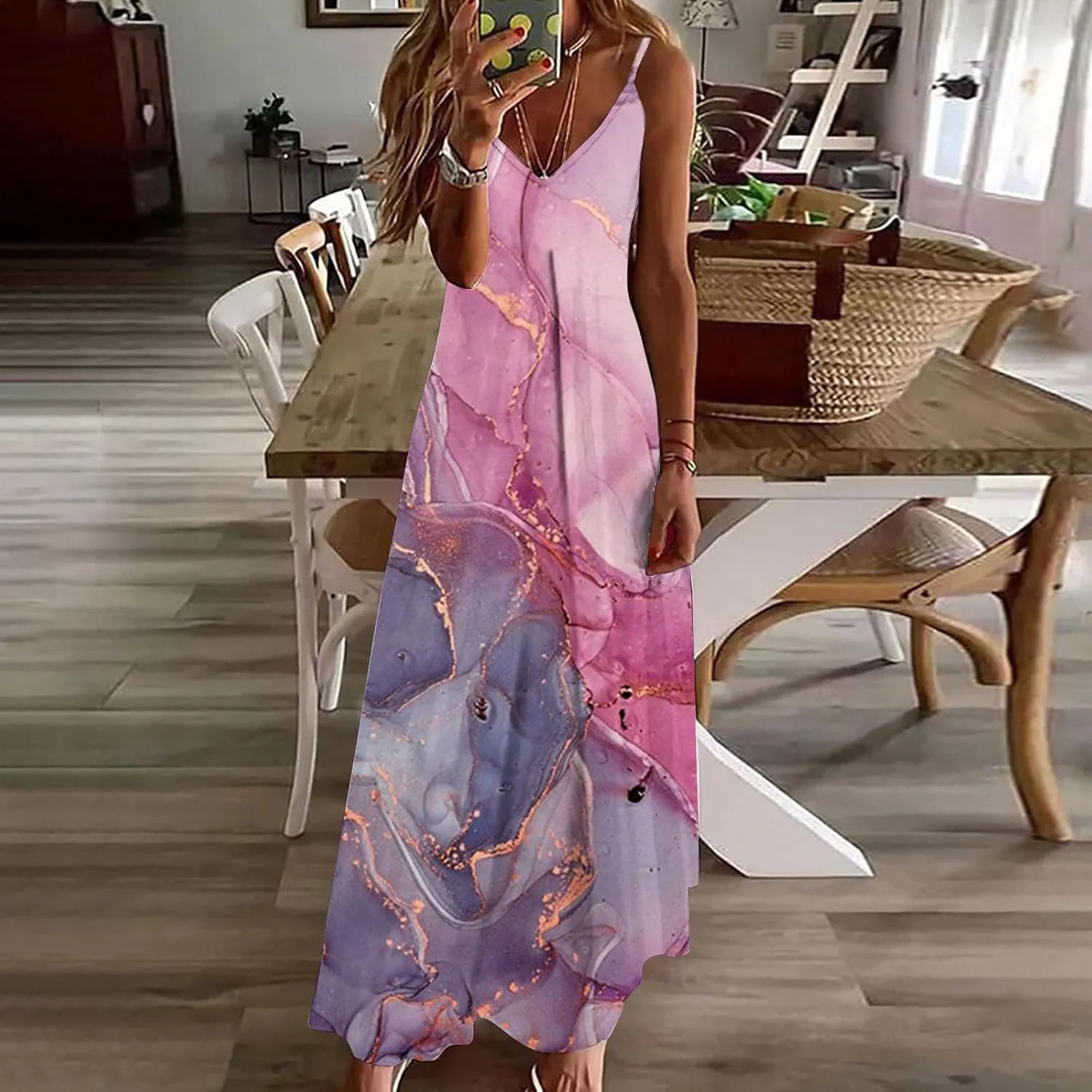 Women Plus Size Sling Dress Summer Boho Printed V Neck Sexy Casual Long Maxi Dress Loose Flowy Swing Dresses