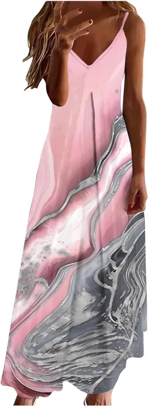 Women Plus Size Sling Dress Summer Boho Printed V Neck Sexy Casual Long Maxi Dress Loose Flowy Swing Dresses