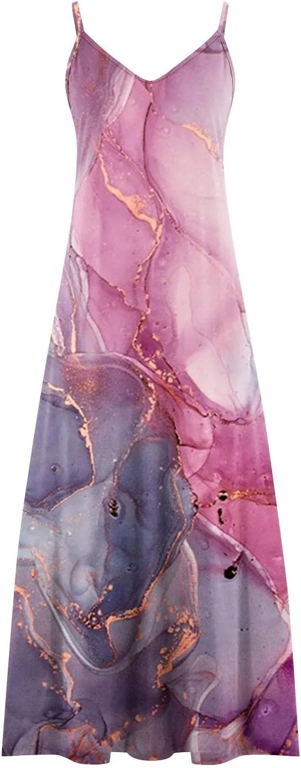 Women Plus Size Sling Dress Summer Boho Printed V Neck Sexy Casual Long Maxi Dress Loose Flowy Swing Dresses