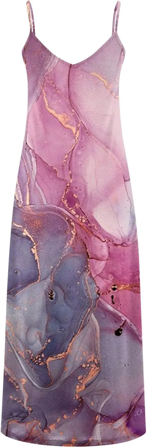 Women Plus Size Sling Dress Summer Boho Printed V Neck Sexy Casual Long Maxi Dress Loose Flowy Swing Dresses