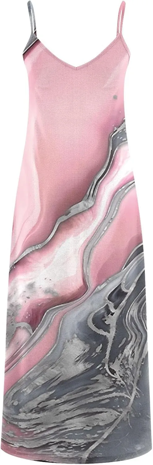 Women Plus Size Sling Dress Summer Boho Printed V Neck Sexy Casual Long Maxi Dress Loose Flowy Swing Dresses
