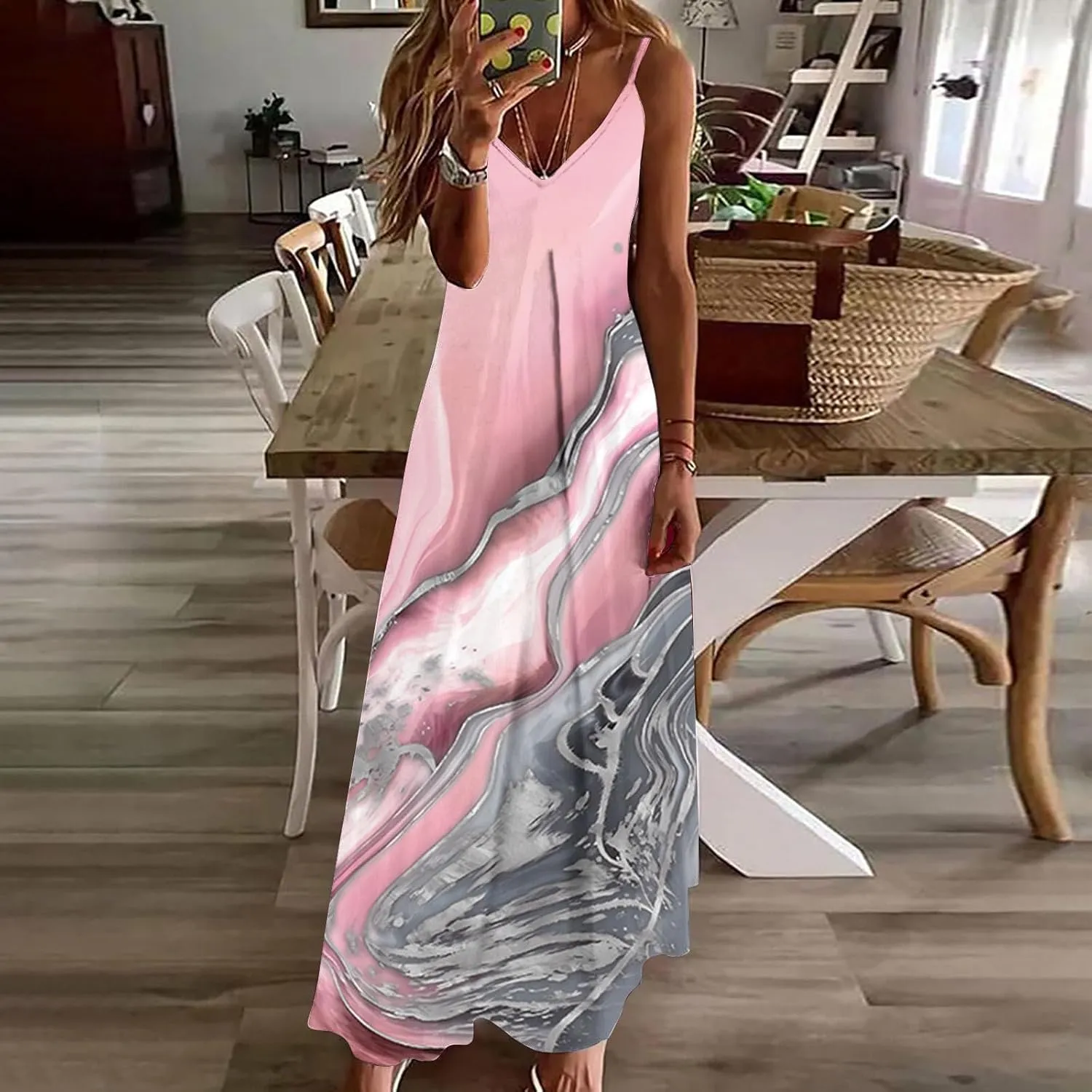 Women Plus Size Sling Dress Summer Boho Printed V Neck Sexy Casual Long Maxi Dress Loose Flowy Swing Dresses