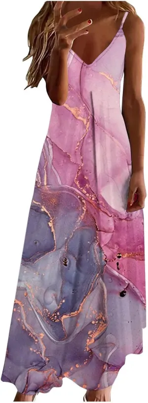 Women Plus Size Sling Dress Summer Boho Printed V Neck Sexy Casual Long Maxi Dress Loose Flowy Swing Dresses