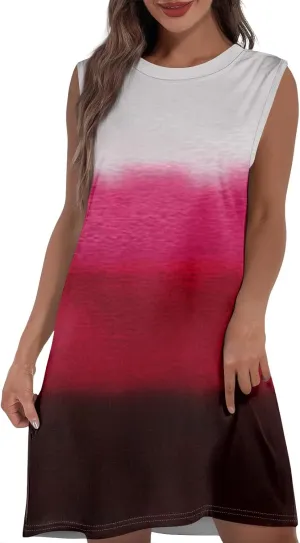 Womens Crew Neck Sleeveless Mini Dresses Printed Beach Vacation Pockets Dress 2025 Summer Casual Loose Sundress