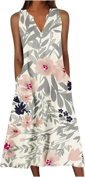 Womens Summer Design Casual Dress Fashion Floral Printed Sleeveless Button V-Neck 2025 Dress Long Dress with Pockets