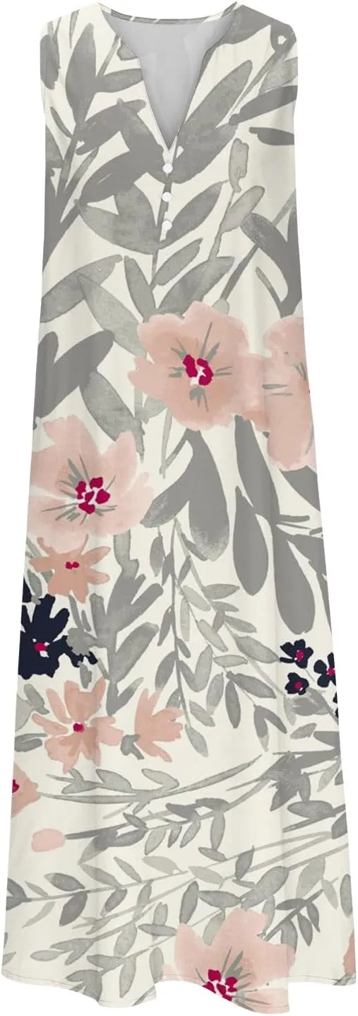Womens Summer Design Casual Dress Fashion Floral Printed Sleeveless Button V-Neck 2025 Dress Long Dress with Pockets